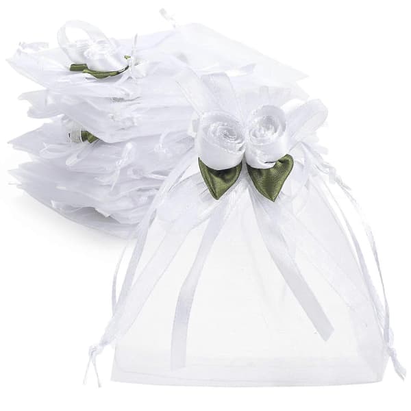 50-pack vita rosor organza presentpåsar med dragsko, 4 x 4,7 tum bröllopsfavör presentpåsar, små
