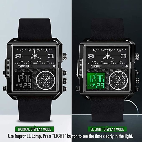 Digital watch för män , Led fyrkantig stor ansikte analog kvarts watch med vattentät stoppur i flera tidszoner Leather Band Black