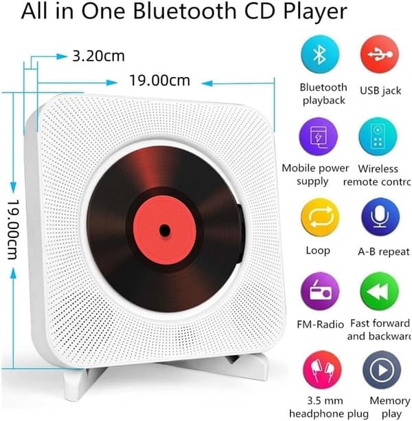 Multifunctional Wall Mounted Music CD Player Built-in HiFi Speakers Home Audio Speaker with Remote Control (White)