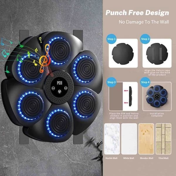Musikalsk boksemaskin - PRUMYA - Bluetooth - Boksehansker inkludert - 9 moduser - USB-oppladbar