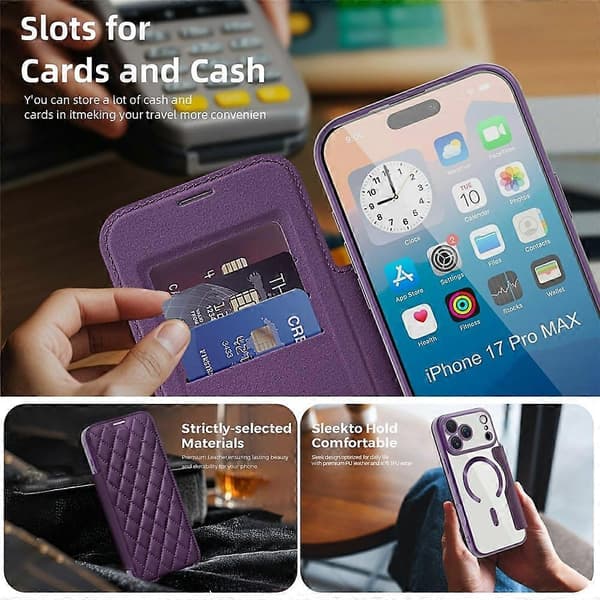 [RM] Kompatibelt etui til iPhone 17 Pro Max, kompatibelt med MagSafe, rombeformet PU-lædercover DarkPurple