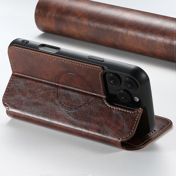 [RM]SUTENI J06 til iPhone 16 Pro Max etui kompatibelt med MagSafe tekstureret PU-læder flip-cover Multicolor Khaki