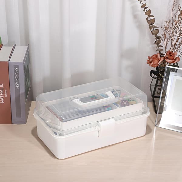 Portable Craft Organizer, 3-Layer Plastic Box with Dividers, Beige & White for Medicine, Sewing, Art Supplies White