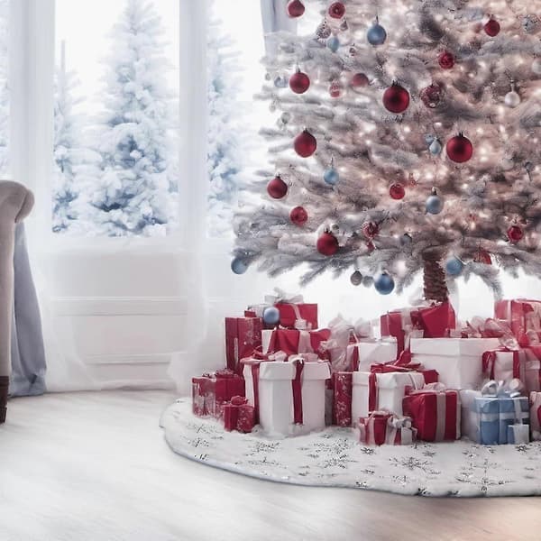 Julgransmatta 90 cm, stor silver snöflinga julgransfot, julgransmatta för julgran