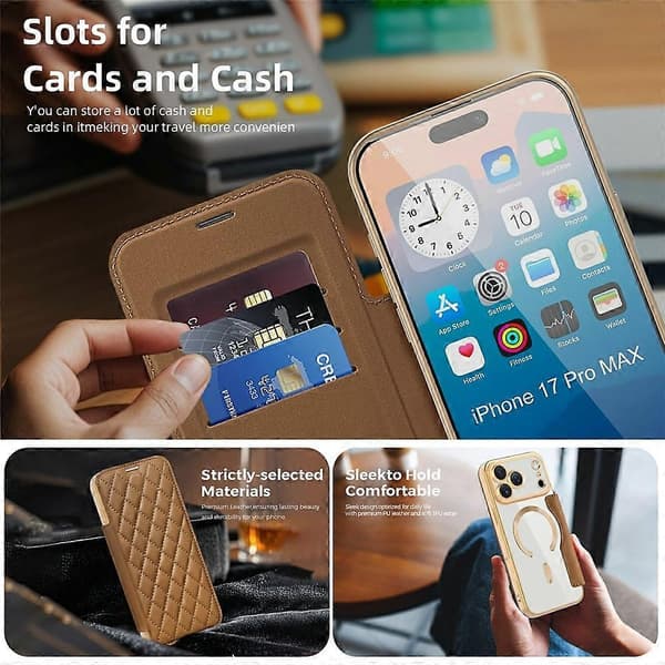 [RM] Kompatibelt etui til iPhone 17 Pro Max, kompatibelt med MagSafe, rombeformet PU-lædercover Brown