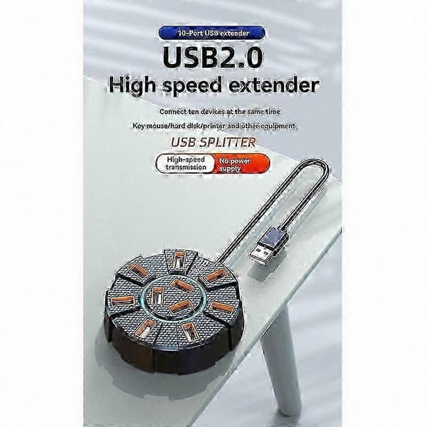 10-Port USB 2.0 Hub med strømadapter, 5 Gbps højhastigheds multi-port udvider til PC bærbar