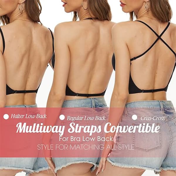 [RM] Low Back Bra for Women Push Up Deep V-Neck Backless Bra Black Black L