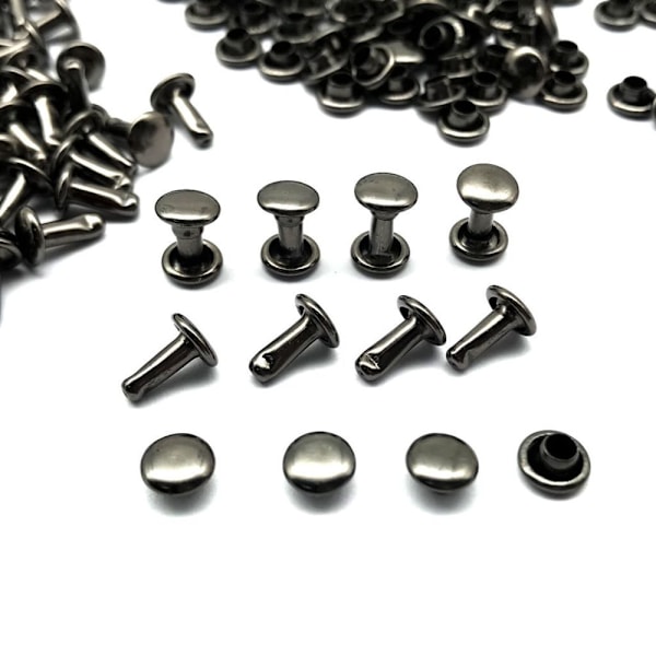 100 Set Dubbla Nitar Studs för Väskor Skor Läder 6x8mm Grå Svart