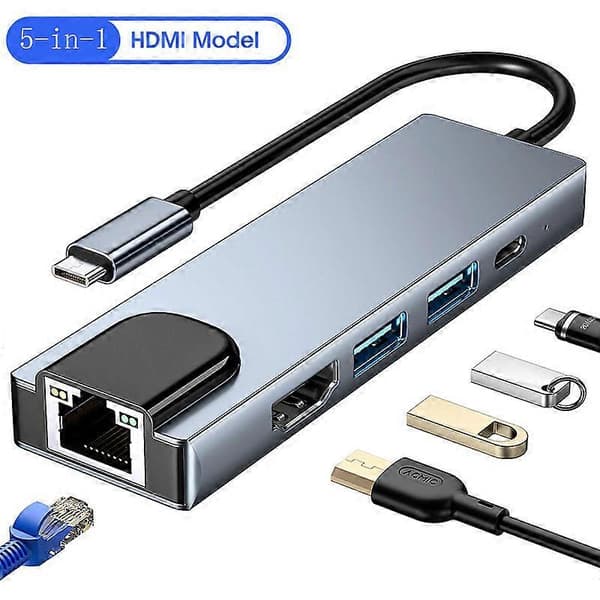USB-dockingstation til computer, 5-i-1 USB-C-hub til HDMI-adapter