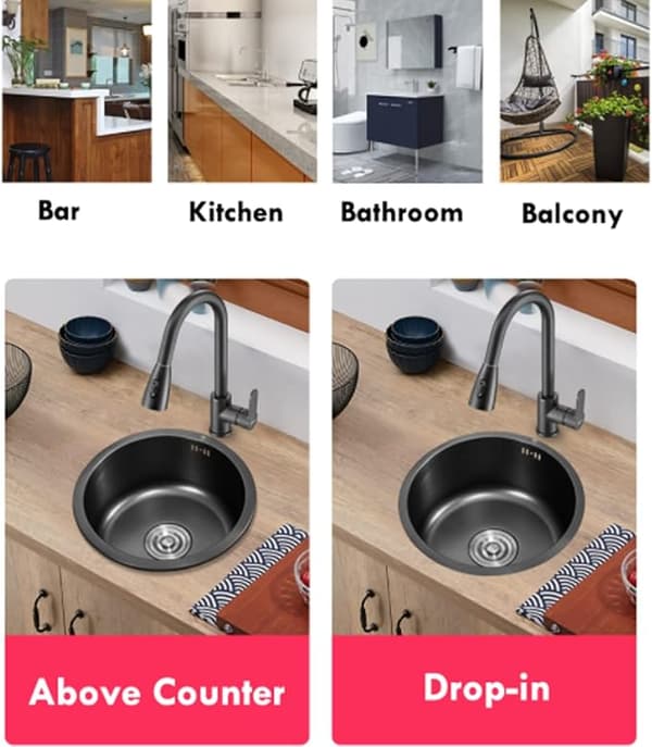 [RM]Black Sink, 11.8\" Dual Mount, Round Single Bowl Deep Sink