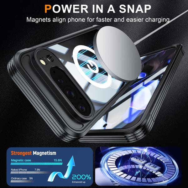 Three-Proof 9H Glass Phone Case Compatible with Google Pixel 10/10 Pro - Black TPU+PC, Magnetic, Shockproof & Waterproof 94