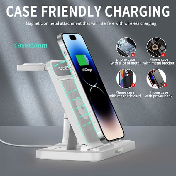 iPhone trådløs oplader 5 i 1 LED, Apple ladestation til rejser og hjemmebrug, multifunktionel ladestander White 5in 1