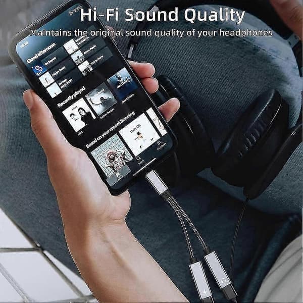 Dobbelt USB C-adapter til hovedtelefoner og opladning, 32-bit lydunderstøttelse, 60W hurtig strømforsyning til kompatible smartphones Grey