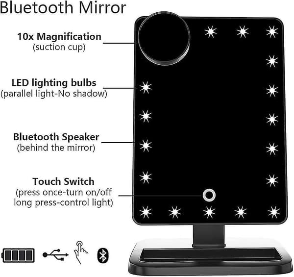 Meikkipeili 20 LED-valolla, kosketusnäyttö, 10x suurennus (Bluetooth-musta)