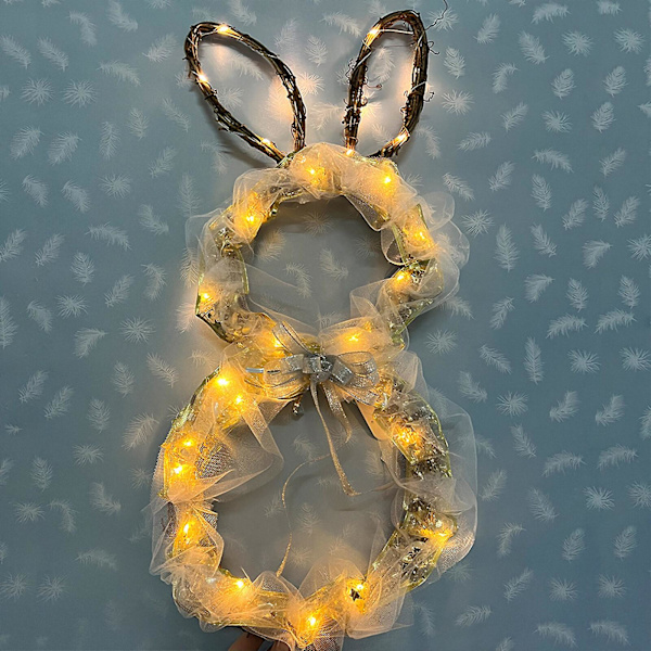 Påskhare Girlang Trä Led Rotting Vävd Tyg Mjukt Ljus Hängande Ornament Golden Oak L