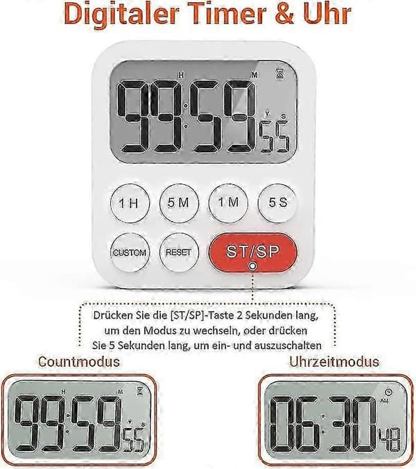 Digital magnetisk stopur timer med ur, magnet, 3-niveau lydstyrke, LCD-display [MI]