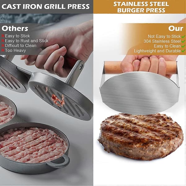 Rund Burger Smasher Rustfrit Stål Burgerpres Grillpres Baconpres Non-Stick Smash Burgerpres