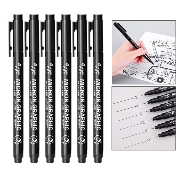 Uni Pin Fine Liner Pen Ritning Pigment Marker Vattentät Skiss 6st