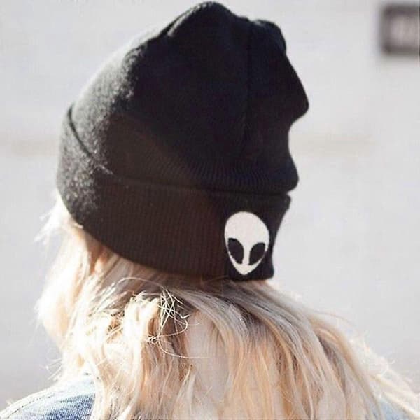 Ny Alien Skull Broderad Stickad Ullmössa för Män och Kvinnor, Höst/Vinter Uppvikt Kant Varm Mössa Grey