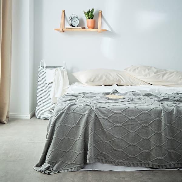 [RM] Cotton Grey Cable Knit Throw for Sofa, Lightweight 50 x