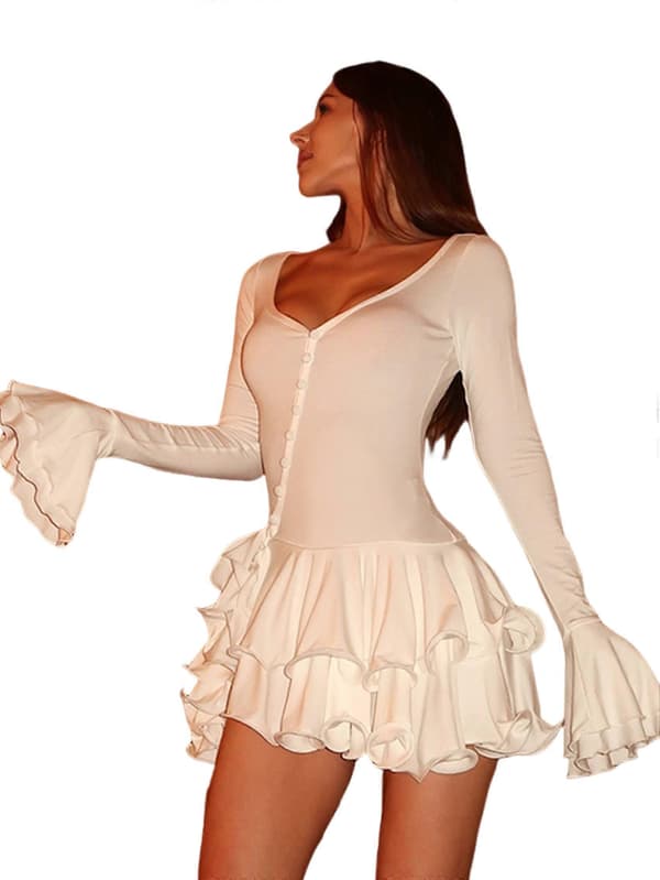 Dam Långärmade Klänningar Djup V-ringning Utsvängd Volangklänning Bodycon Party Miniklänningar Vit One Size White One size