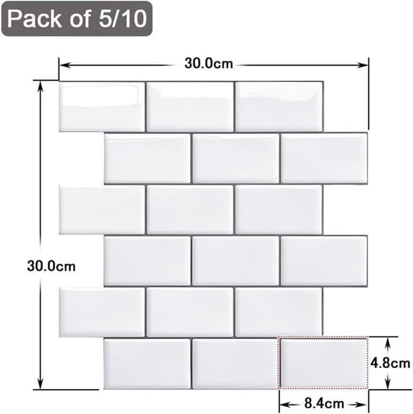 Selvklebende veggfliser - 3D-mønster - Hvit - Selvklebende - 30,5 x 30,5 cm (10-pakning)