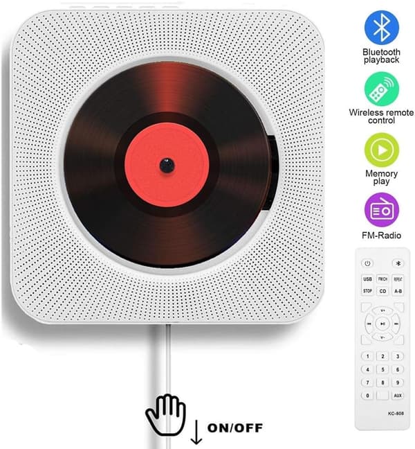 Multifunctional Wall Mounted Music CD Player Built-in HiFi Speakers Home Audio Speaker with Remote Control (White)