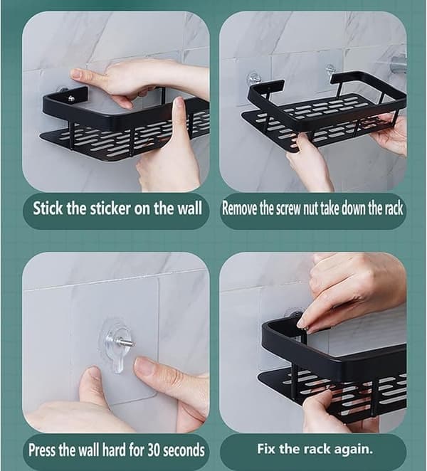 [RM] Double Stainless Steel Shower Shelf - Wall Mount with Adhesive, Drill-Free & Durable Bathroom Storage silver black