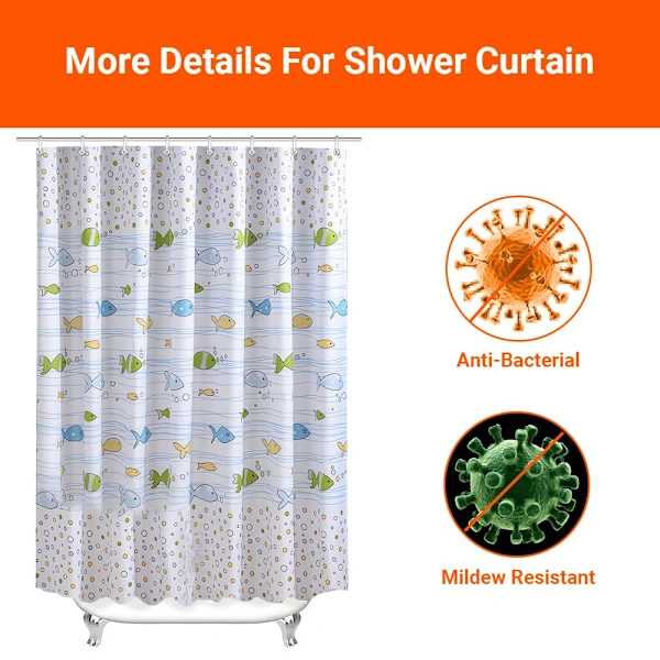 [RM]200x200cm Shower Curtain with Bubble Fish Pattern, Weighted Hem, Mildew Resistant, Waterproof, Washable Polyester Material.
