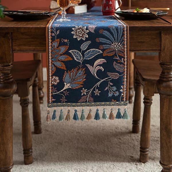 Blommig blå bordslöpare, polyester, 35x220 cm