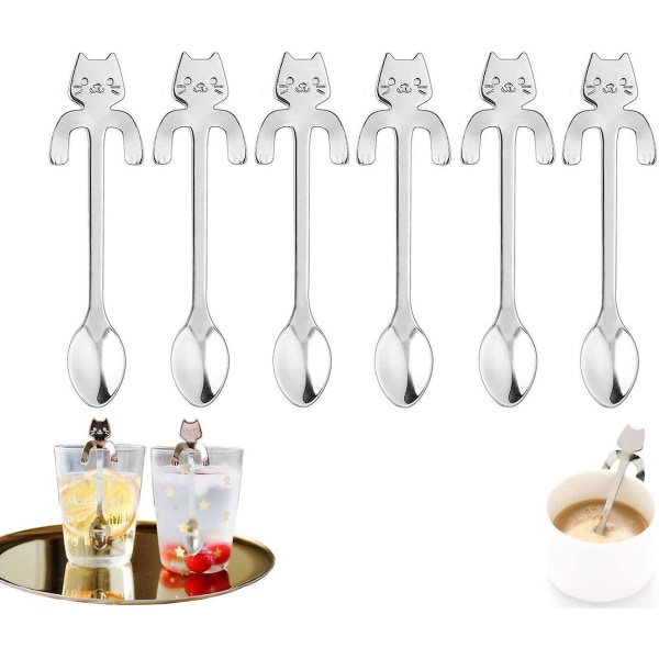 Sex 304 rostfria kattteskedar, dessertteskedar, hängande kattteskedar designade för te, mjölk, kaffe, dessertdrycker