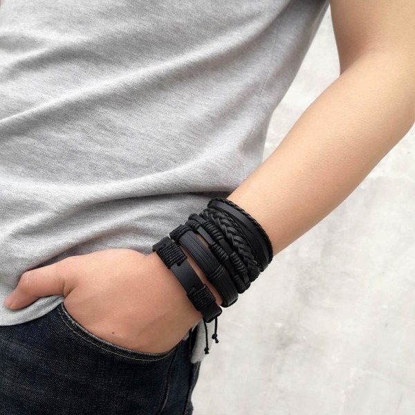 Justerbart läderarmband med vävd manschett Retrostil 5st Svart