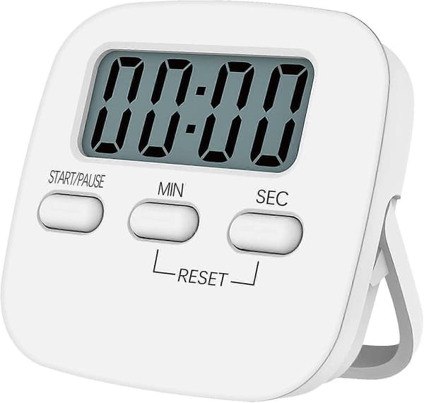 Magnetisk køkkentimer med stort LCD-display, med stopur, høj alarm og nedtælling, Hvid
