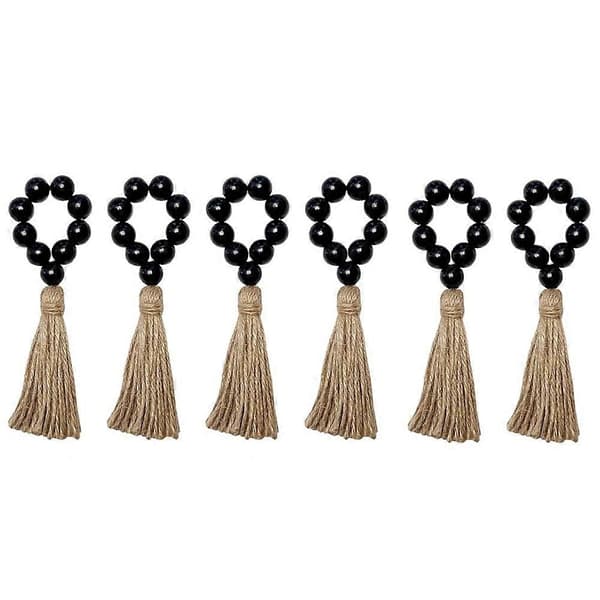 Servettringar Set om 12, Servettringar i trä, Elastiska servettringar i träpärlor i lantlig stil med tofs, Boho servettringar size