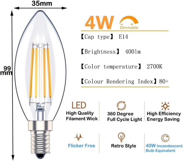E14 Dimmable LED Candle Bulb, SES Filament Small Edison Screw Bulb, 4W 40W Equivalent, Warm White 2700K, 400lm, 6-Pack