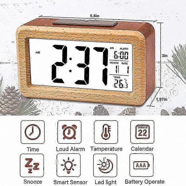Stor træ LED digitalt vækkeur med snooze, 12/24 timers display