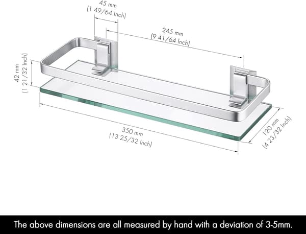 [RM]Glass Bathroom Shelf, Aluminum, Tempered Glass 8mm, Extra Thick, 1 Piece Rectangular, 1 Tier Storage Organizer, Wall Mounted, Silver