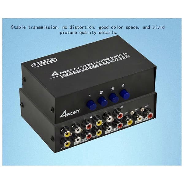 FJGEAR AV Switcher 4 ind 1 ud Av RCA Hovedgrænseflade Audio og Video Switcher Multifunktionel 4-vejs AV Switcher Black