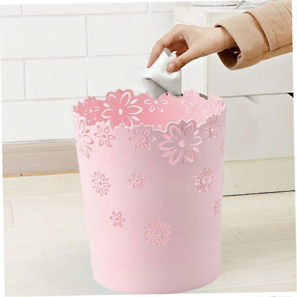 [RM]Round Plastic Waste Bin, Hollow, Lace, for Office. (1-pack Pink)