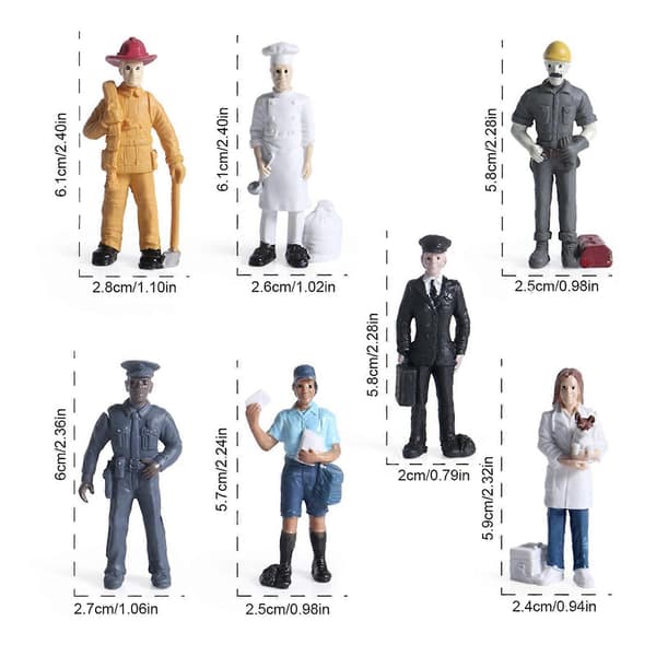 7 stk. myke plastfigurer, simuleringskarakterer for rollespill for barn 3+ år