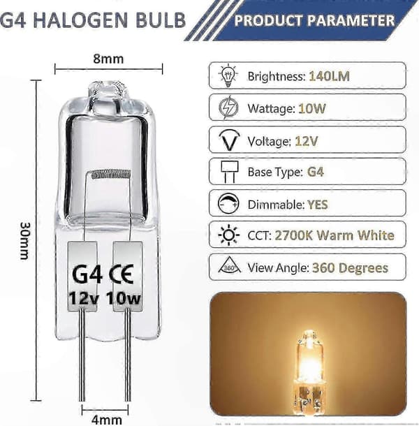 10-pack dimbara halogenlampor, 10W 12V G4 varmvit, klar kapseldesign med 2-stiftsbas för belysningsarmaturer