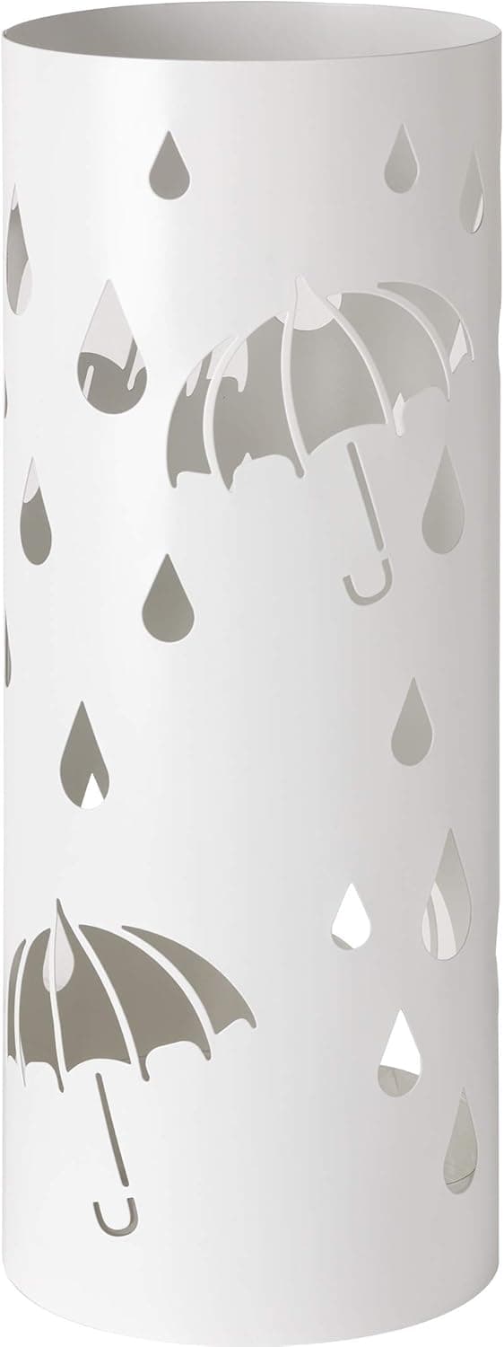 [RM]Cylindrical Metallic Umbrella Stand Modern Design, with Removable Drip Tray and Internal Hooks, White, 20x20x50 cm
