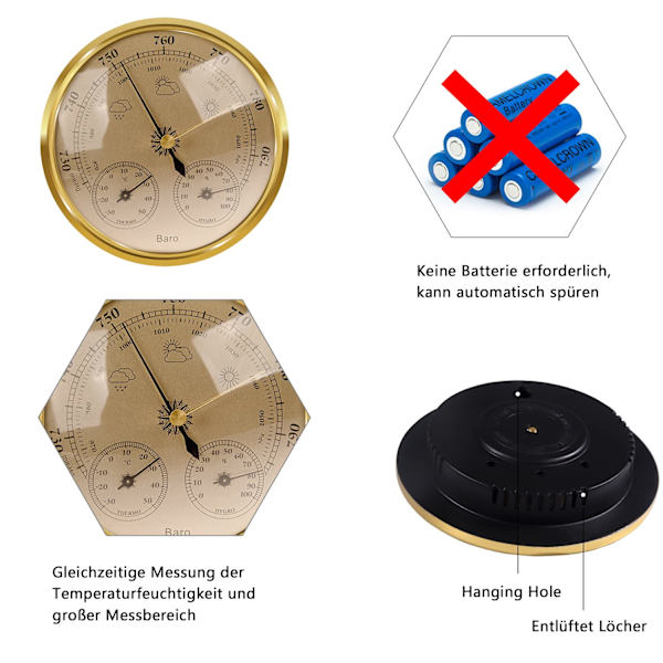 Analog værstasjon - barometer, termometer, hygrometer (gull, 128 mm)[RM] Gold
