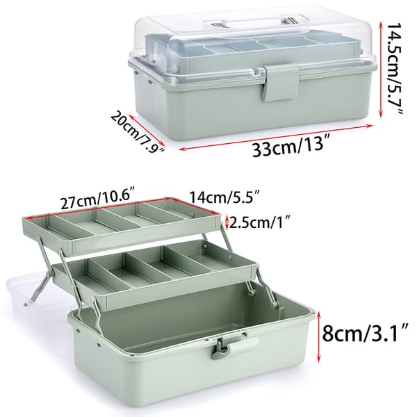 3-Layer Plastic Organizer, Divided Storage with Adjustable Dividers, Portable Craft Box for Medicine, Sewing, Art Supplies Green