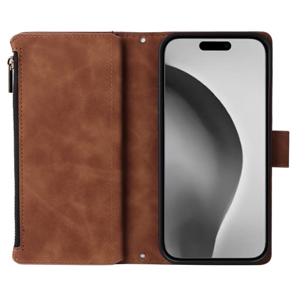 [RM]iPhone 16 Pro Max Case - Crossbody Case with Multiple Card Slots and Zipper Brun