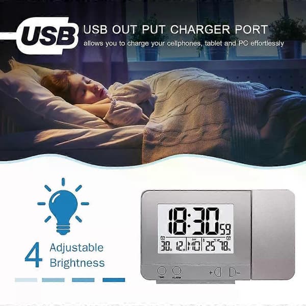 Projektionsväckarklocka för sovrum med termometer, hygrometer, digital takklocka, dimbar LED-display med USB-laddare