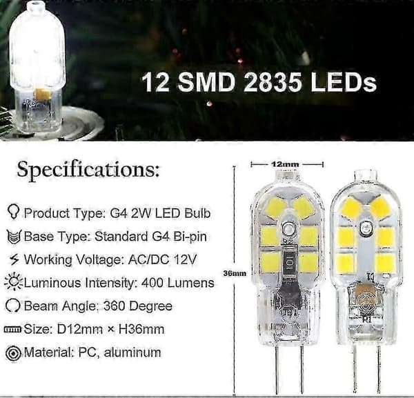 Emhættelyspærer 10-pak G4 2W LED 12V AC/DC 20W Halogenækvivalent 6000K Koldt Hvidt