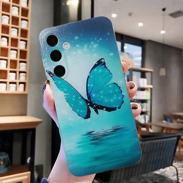 Til Samsung Galaxy A16 5G A16 4G Etui Mønstret TPU Bagsidecover - Blå Sommerfugl Multicolor Blue Butterfly