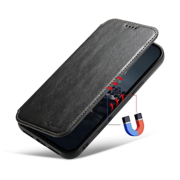 [RM]SUTENI J06 til iPhone 16 Pro Max etui kompatibelt med MagSafe tekstureret PU-læder flip-cover Multicolor Black