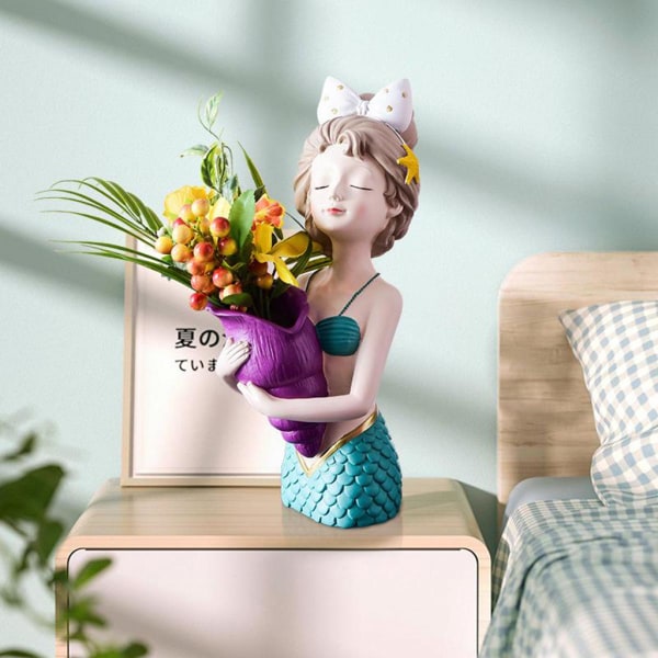 Söt flicka sjöjungfru torr blomvas Resin Hemmakontor Desktop Sculpture_Blue